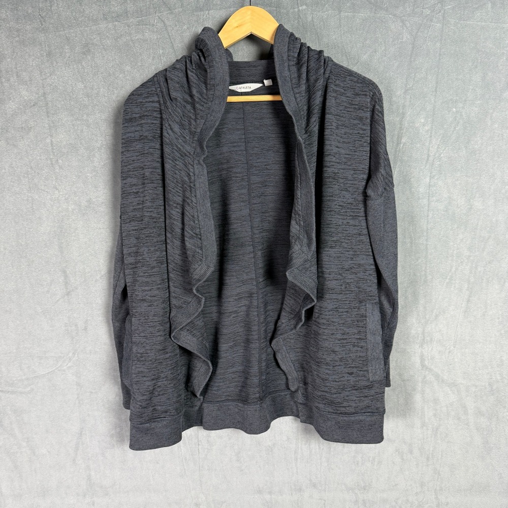 Athleta Heathered Charcoal Grey Hoodie Cardigan Sweater Open Front Size S Preppy - Picture 3 of 14
